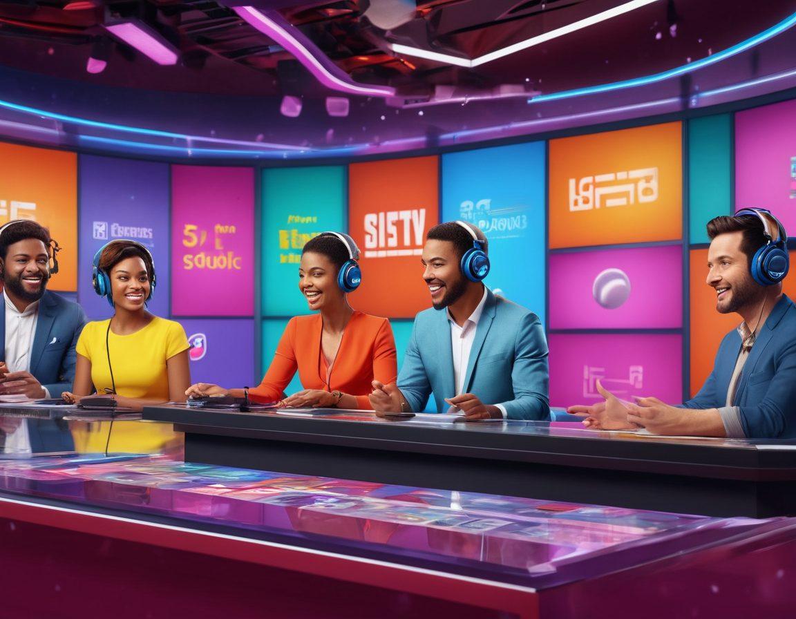 A lively and colorful radio station scene with diverse people engaged in discussions, surrounded by microphones and headphones, showcasing a vibrant news studio backdrop. Incorporate musical notes floating in the air, signifying entertainment and lively conversations. Feature screens displaying the latest news headlines and entertainment promotions. super-realistic. vibrant colors. 3D.