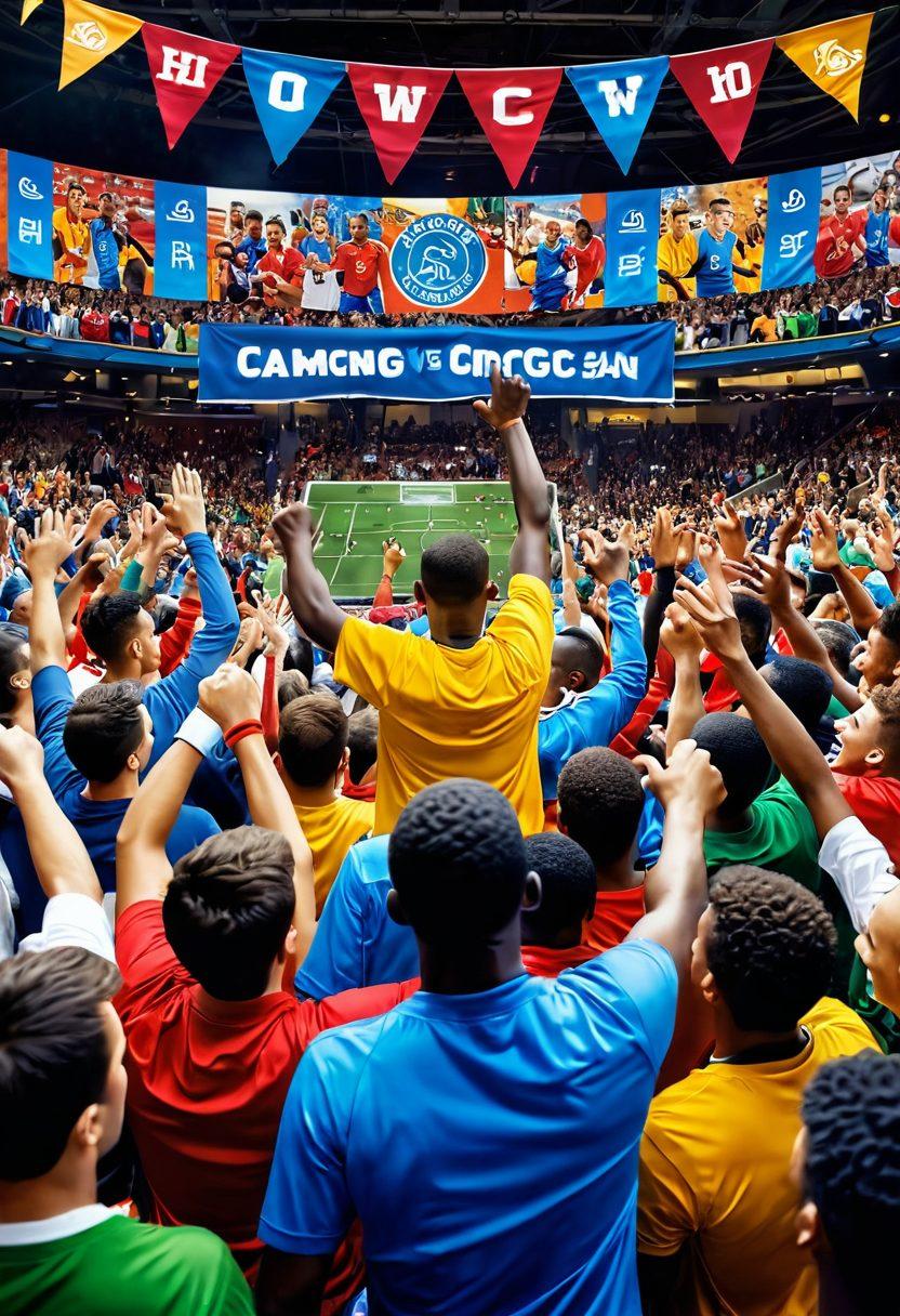 A dynamic scene showcasing a diverse group of enthusiastic sports fans gathered in a lively community setting, with banners of local teams and athletes prominently displayed. Illustrate a sports broadcaster in action, capturing the excitement on a high-tech broadcasting setup, surrounded by vibrant colors and energetic expressions. Include elements of different sports such as football, basketball, and soccer to emphasize community spirit. super-realistic. vibrant colors. 3D.
