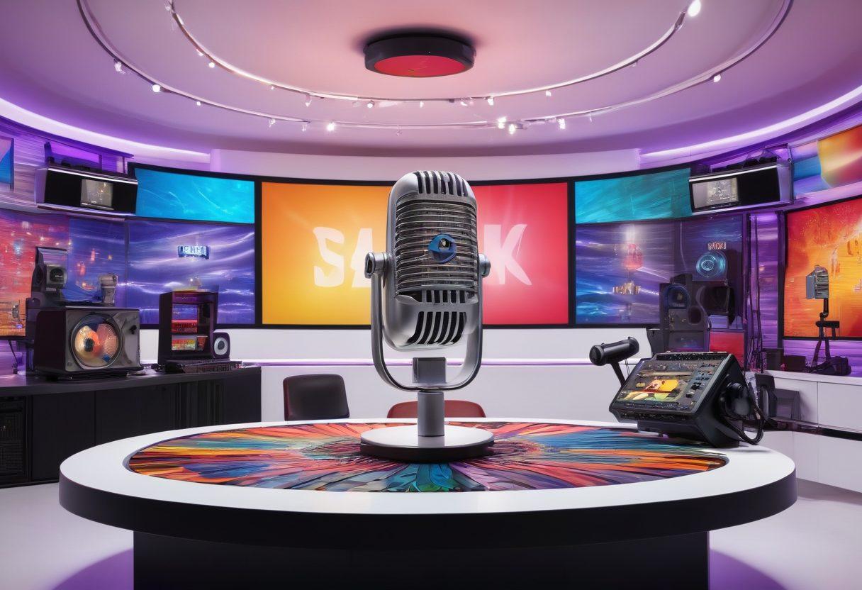 A colorful radio studio filled with equipment, featuring a large microphone at the center, surrounded by vibrant sound waves flowing outward. In the background, there are screens displaying images of diverse talk show hosts and program logos. Ambient lighting creates a welcoming atmosphere, enticing viewers to tune in. super-realistic. vibrant colors. white background.